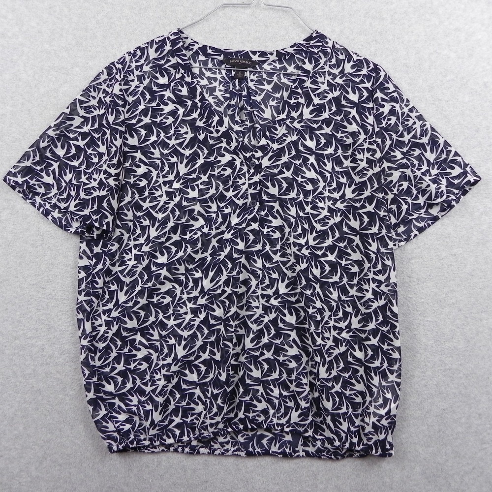 Banana Republic Top Womens Small V-Neck Sheer Blouse Blue Sparrow Short Sleeve